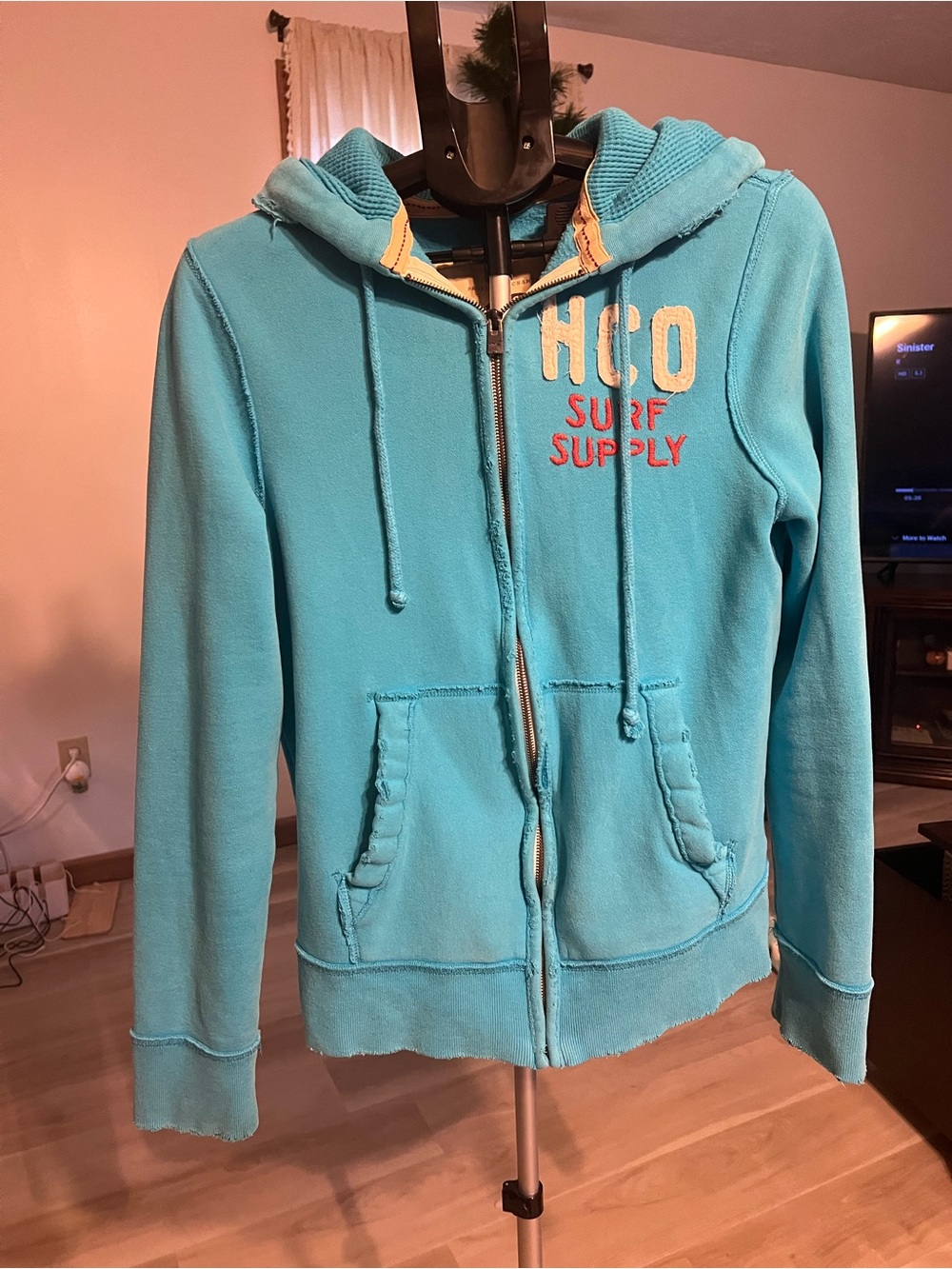 Hollister vintage Turquoise Full-Zip Hoodie with Surf Supply Embroidery